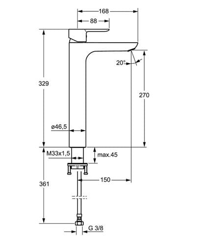 HANSA LIGNA umyvadlová stojánková baterie, chrom 06032203 Technický nákres