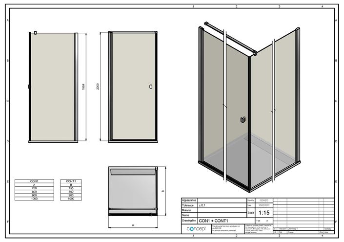 CONCEPT 200 CONT1 boční stěna 75x200 cm, černá/čiré sklo CONT10750607 Technický nákres