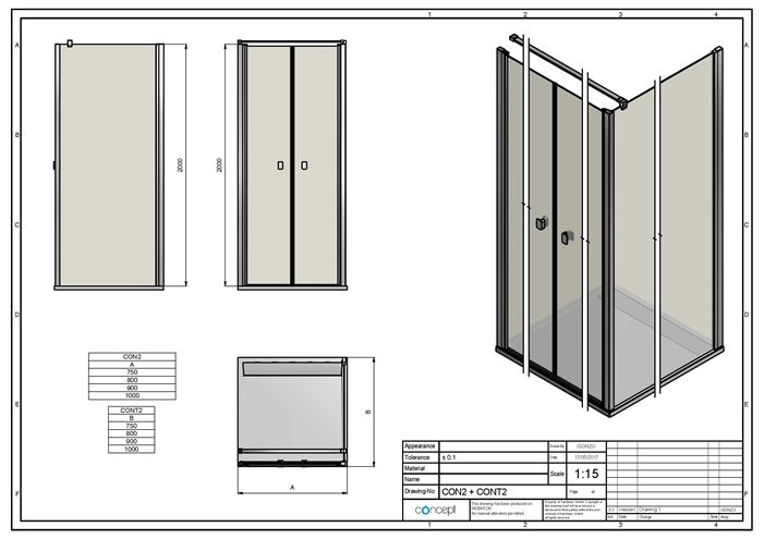 CONCEPT 200 CONT2 boční stěna 90x200 cm, černá/čiré sklo CONT20900607 Technický nákres