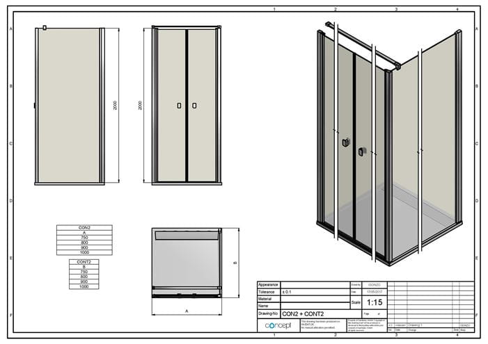 CONCEPT 200 CONT2 boční stěna 100x200 cm, černá/čiré sklo CONT21000607 Technický nákres