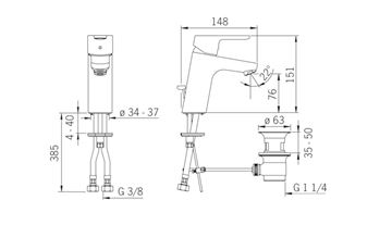 HANSA PRIMO XL umyvadlová stojánková baterie, s odtokovou soupravou, chrom 49562203 Technický nákres