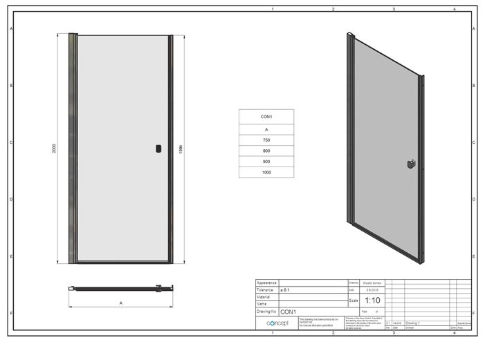 CONCEPT 200 sprchové dveře 80x200 cm, křídlové, aluchrom/čiré sklo CON10805007 Technický nákres