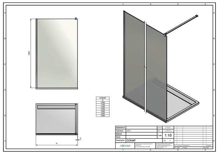 CONCEPT 200 CON4P stěna walk-in 150x200 cm, aluchrom/čiré sklo CON4P1505007 Technický nákres