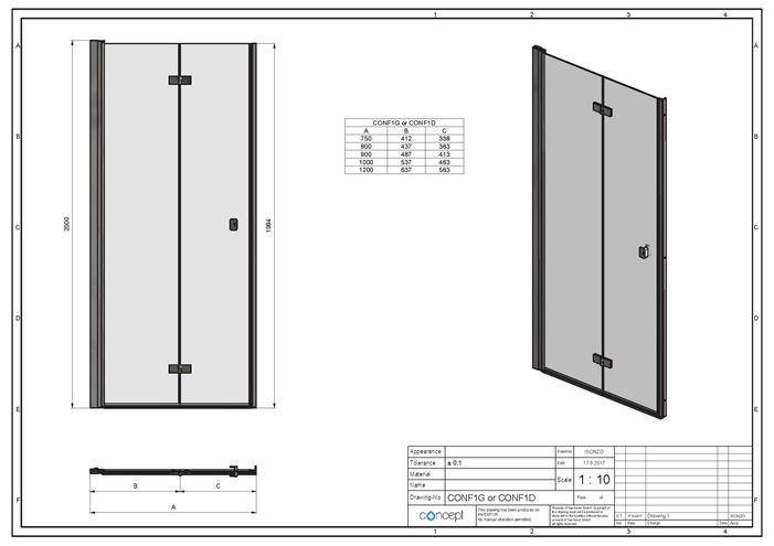 CONCEPT 200 sprchové dveře 100x200 cm, skládací, pravé, aluchrom/čiré sklo CONF1D1005007 Technický nákres