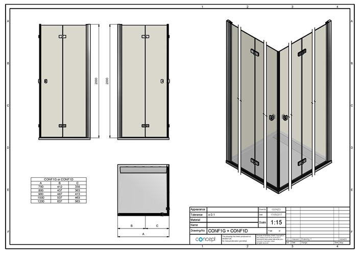 CONCEPT 200 sprchové dveře 100x200 cm, skládací, pravé, aluchrom/čiré sklo CONF1D1005007 Technický nákres