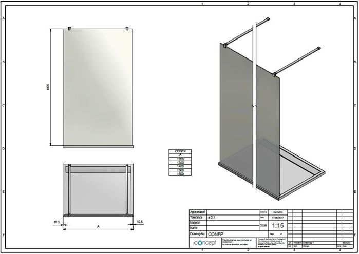 CONCEPT 200 CONFP stěna walk-in 160x200 cm, aluchrom/čiré sklo CONFP1605007 Technický nákres