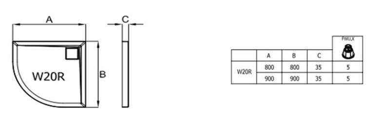 RONAL LIVADA W20R sprchová vanička 80x80 cm, R550, litý mramor, bez nožiček W20R 55 080 04 Technický nákres