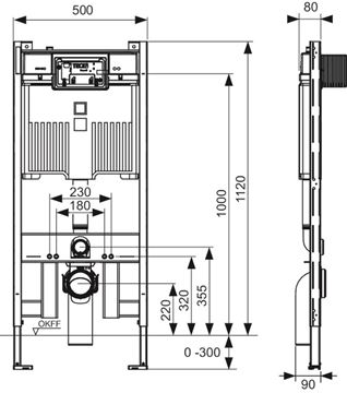 TECE PROFIL montážní prvek pro WC 112 cm, se splachovací nádržkou Octa II 9300500 Technický nákres