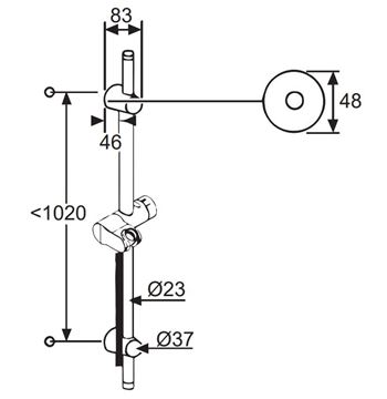 KLUDI A-QA V sprchová tyč 1100 mm s držákem ruční sprchy, hadice, chrom 6209505-00 Technický nákres