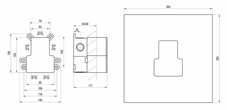 RAVAK R-BOX RB 07E.50 podomítkové těleso G 1/2 X070234 Technický nákres