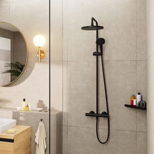 HANSGROHE VERNIS BLEND SHOWERPIPE 240 sprchový set s termostatickou baterií, horní sprcha, ruční sprcha se 2 proudy, tyč, hadice, matná černá 26426670 Obrázek - fotka
