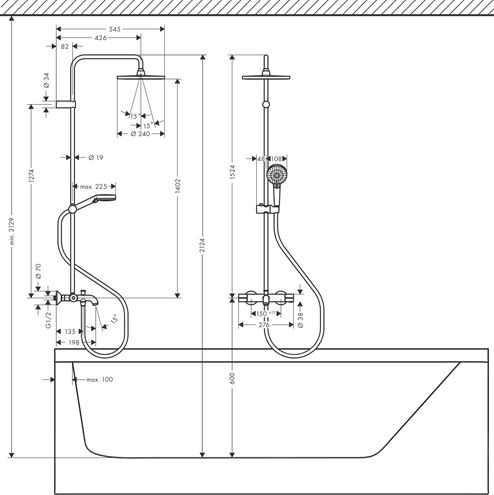 HANSGROHE VERNIS BLEND SHOWERPIPE 240 vanová termostatická baterie, s horní a ruční sprchou se 2 proudy, matná černá 26899670 Technický nákres