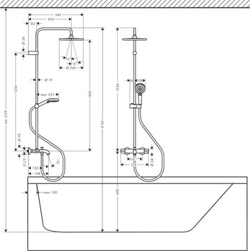 HANSGROHE VERNIS BLEND SHOWERPIPE 240 vanová termostatická baterie, s horní a ruční sprchou se 2 proudy, matná černá 26899670 Technický nákres