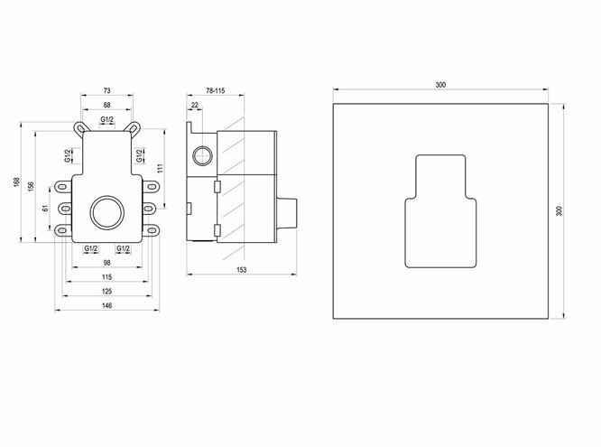 RAVAK R-BOX VERTICAL O2/O3  RB 07F.50 podomítkové těleso G 1/2 X070235 Technický nákres