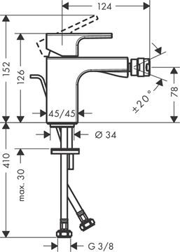 HANSGROHE VERNIS SHAPE bidetová stojánková baterie, s odtokovou soupravou, chrom 71219000 Technický nákres