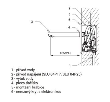 SANELA umyvadlová elektronická piezo baterie pro jednu vodu, napájení ze sítě, s tělesem, nerez SLU 04P17 Technický nákres