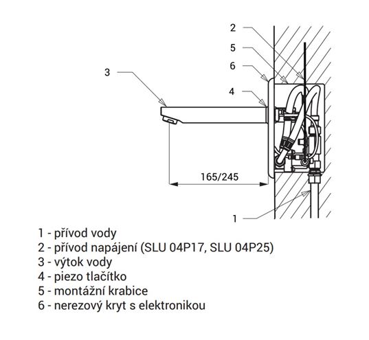 SANELA umyvadlová elektronická piezo baterie pro jednu vodu, napájení ze sítě, s tělesem, nerez SLU 04P17 Technický nákres