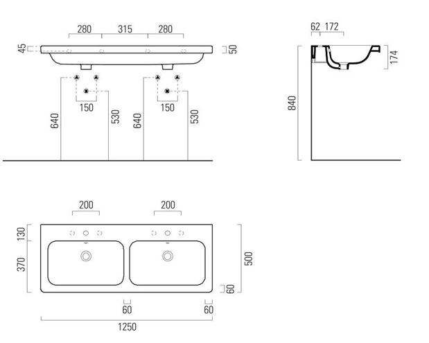 CONCEPT 200 dvojumyvadlo 125 cm, se 2 otvory pro baterie a přepadem 125CO200EXCB Technický nákres