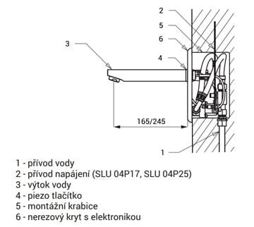 SANELA umyvadlová elektronická piezo baterie pro jednu vodu, napájení ze sítě, s tělesem, nerez SLU 04P25 Technický nákres