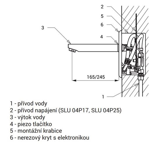 SANELA umyvadlová elektronická piezo baterie pro jednu vodu, napájení ze sítě, s tělesem, nerez SLU 04P25 Technický nákres