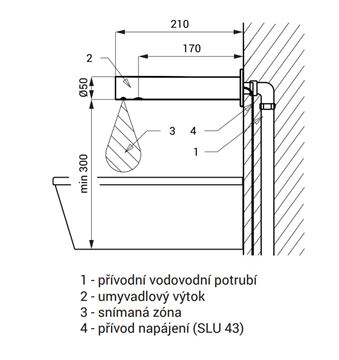 SANELA umyvadlová senzorová baterie pro jednu vodu, napájení ze sítě, nerez SLU 43 Technický nákres