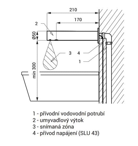 SANELA umyvadlová senzorová baterie pro jednu vodu, napájení ze sítě, nerez SLU 43 Technický nákres