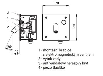 SANELA umyvadlová elektronická piezo baterie pro jednu vodu, napájení z baterie, s tělesem, nerez SLU 44PB Technický nákres