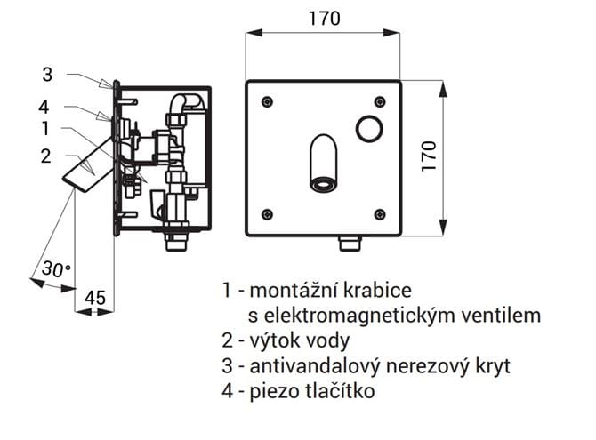 SANELA umyvadlová elektronická piezo baterie pro jednu vodu, napájení z baterie, s tělesem, nerez SLU 44PB Technický nákres