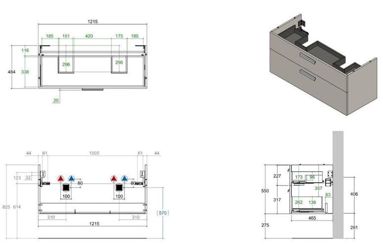 CONCEPT 200/300 skříňka pod dvojumyvadlo 121,5x48,4x55 cm, 2 zásuvky, dub biondo WU125CO2001429 Technický nákres