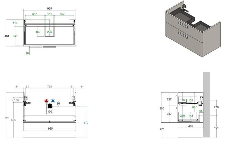 CONCEPT 200/300 skříňka pod umyvadlo 96,5x48,4x55 cm, 2 zásuvky, matná antracitová WU100CO2001436 Technický nákres