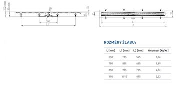EASY sprchový žlab 750 mm, do prostoru, boční odtok D 50, rošt HARMONY, plast/nerez ocel EPZ20-PP-750 D50 Technický nákres