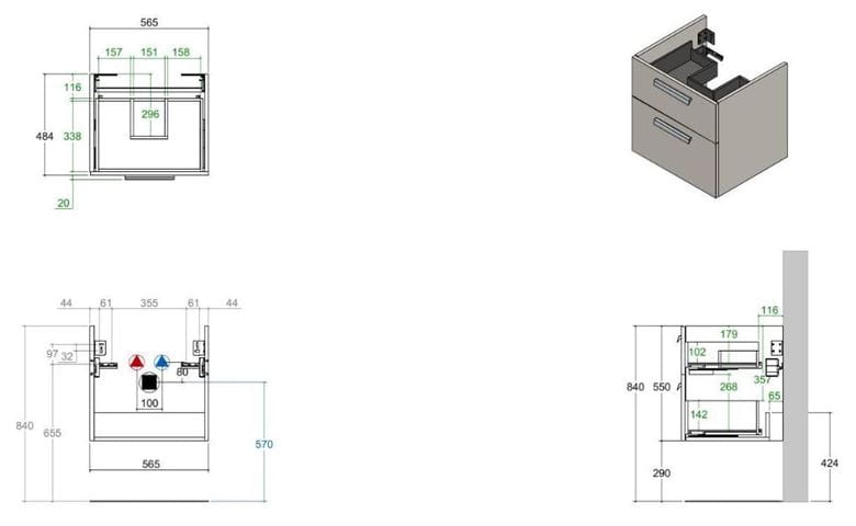 CONCEPT 200/300 skříňka pod umyvadlo 56,5x48,4x55 cm, 2 zásuvky, dub biondo WU60CO2001429 Technický nákres
