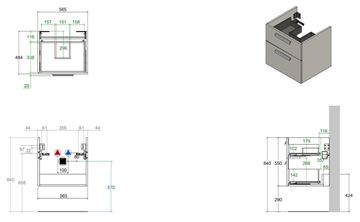 CONCEPT 200/300 skříňka pod umyvadlo 56,5x48,4x55 cm, 2 zásuvky, dub metz WU60CO2001417 Technický nákres