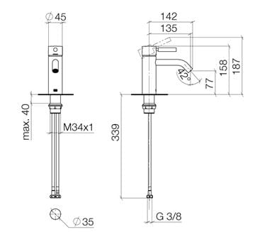 DORNBRACHT META umyvadlová stojánková baterie, černá 33 522 660-33 Technický nákres