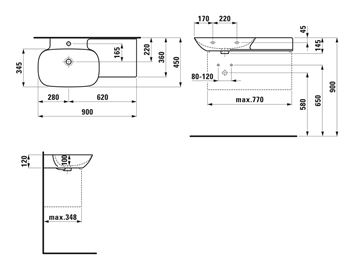 LAUFEN INO umyvadlo 90 cm, s otvorem pro baterii a přepadem, LCC H8133024001041 Technický nákres