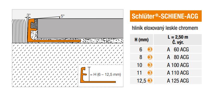 SCHLÜTER SYSTEMS SCHIENE A 100 ACG ukončovací profil 10mm, 2500mm, elox hliník-lesklý chrom A100ACG Technický nákres