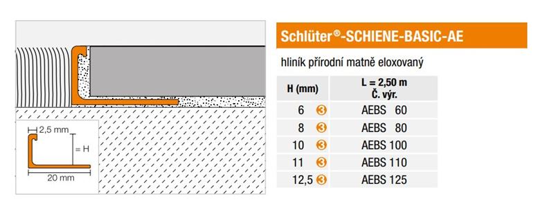 SCHLÜTER SYSTEMS SCHIENE-BASIC-AE ukončovací profil 12,5mm, 2500mm, hliník přírodní-matně eloxovaný AEBS125 Technický nákres