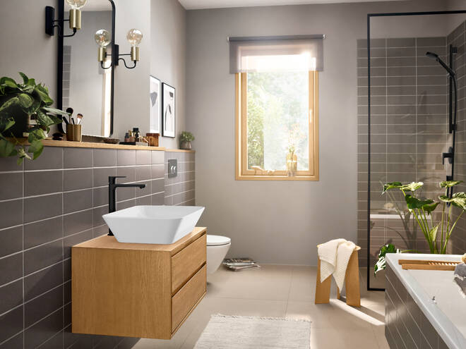 HANSGROHE REBRIS E umyvadlová stojánková baterie, CoolStart EcoSmart+, s odtokovou soupravou, matná černá 72591670 Obrázek - fotka