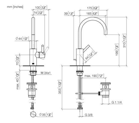 DORNBRACHT META umyvadlová stojánková baterie, s odtokovou soupravou, chrom 33 560 661-00 Technický nákres