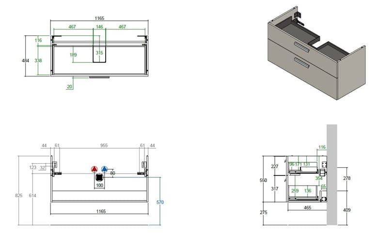 CONCEPT 300 skříňka pod umyvadlo 116,5x48,4x55 cm, 2 zásuvky, matná antracitová WU120CO2001436 Technický nákres