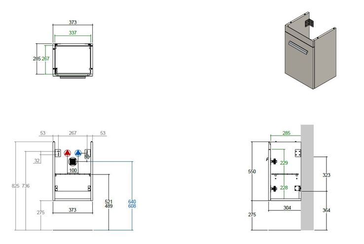 CONCEPT 300 skříňka pod umyvadlo 37,3x28,5x55 cm, 1 dvířka, panty vpravo, lesklá bílá WU40CO200D1100 Technický nákres