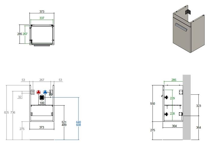 CONCEPT 300 skříňka pod umyvadlo 37,3x28,5x55 cm, 1 dvířka, panty vlevo, lesklá bílá WU40CO200S1100 Technický nákres