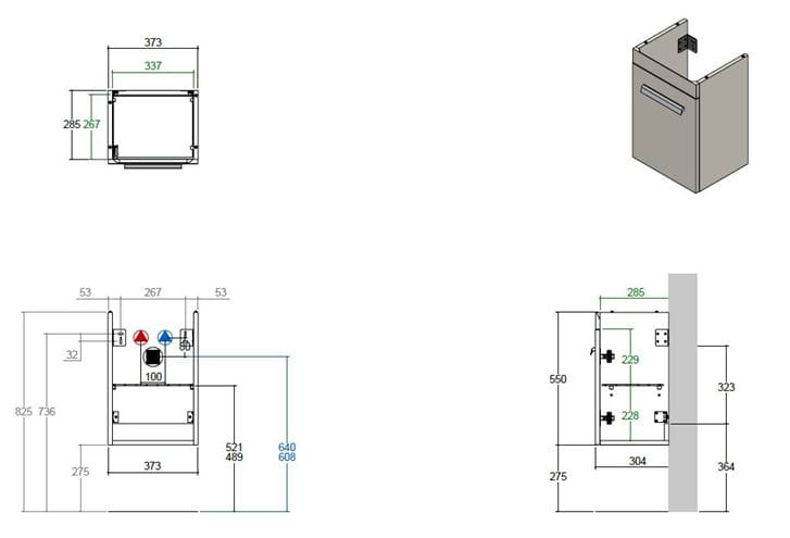 CONCEPT 300 skříňka pod umyvadlo 37,3x28,5x55 cm, 1 dvířka, panty vlevo, přírodní dub WU40CO200S1428 Technický nákres