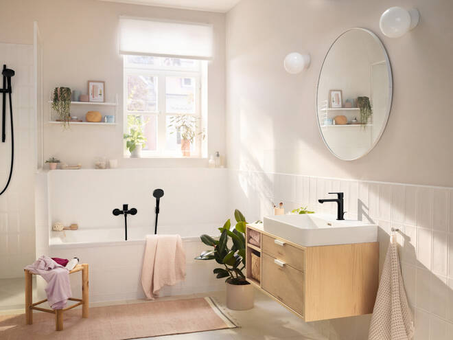 HANSGROHE REBRIS E umyvadlová stojánková baterie, CoolStart, EcoSmart+, s odtokovou soupravou, matná černá 72588670 Obrázek - fotka