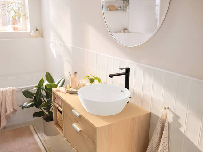 HANSGROHE REBRIS E umyvadlová stojánková baterie, CoolStart, EcoSmart+, s odtokovou soupravou, matná černá 72590670 Obrázek - fotka