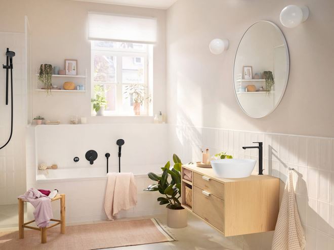 HANSGROHE REBRIS E umyvadlová stojánková baterie, CoolStart, EcoSmart+, s odtokovou soupravou, matná černá 72590670 Obrázek - fotka