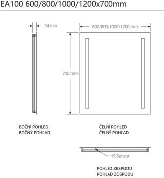 EASY PLUS zrcadlo 120x70 cm, s osvětlením, se senzorem EA100.120 Technický nákres
