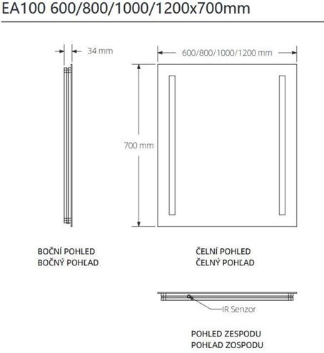 EASY PLUS zrcadlo 120x70 cm, s osvětlením, se senzorem EA100.120 Technický nákres