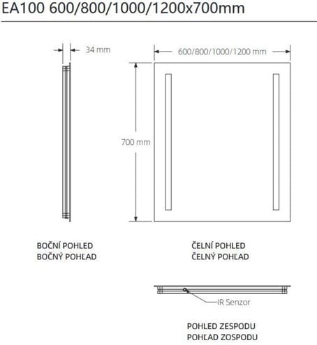 EASY PLUS zrcadlo 60x70 cm, s osvětlením, se senzorem EA100.60 Technický nákres