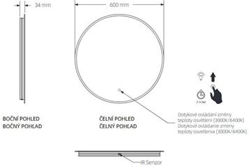 EASY PLUS zrcadlo 60 cm, s osvětlením, s regulací stmívání a teploty světla, se senzorem EA103.60 Technický nákres